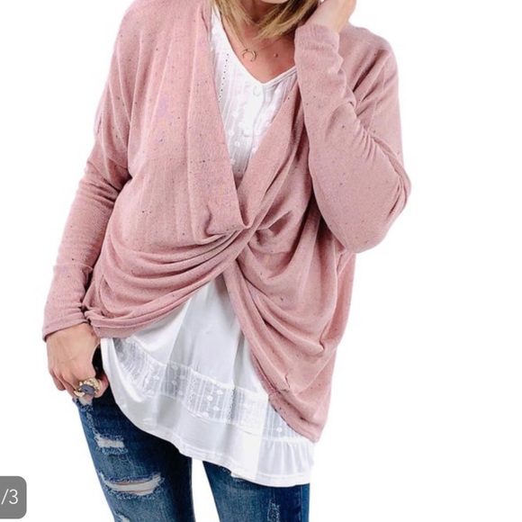 Marvonie Medium Pink Cowl Sweater with Blue Confetti Print NWOT - Picture 1 of 4